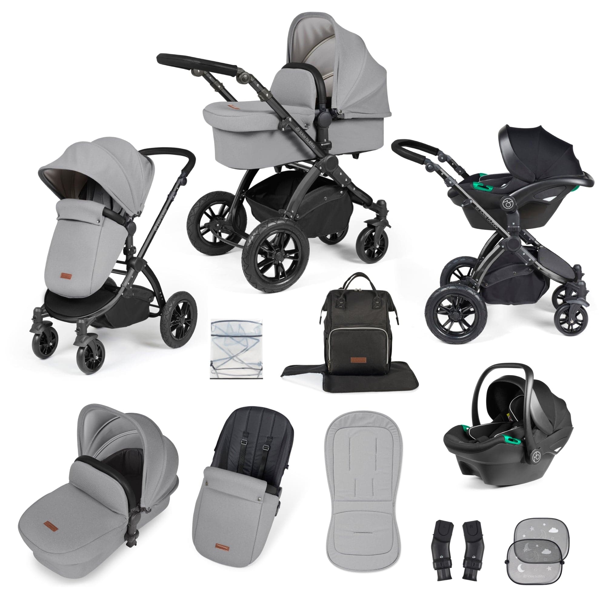 Ickle Bubba Stomp Luxe All-In-One I-Size Travel System With Isofix Base- Black / Pearl Grey / Black - For Your Little One