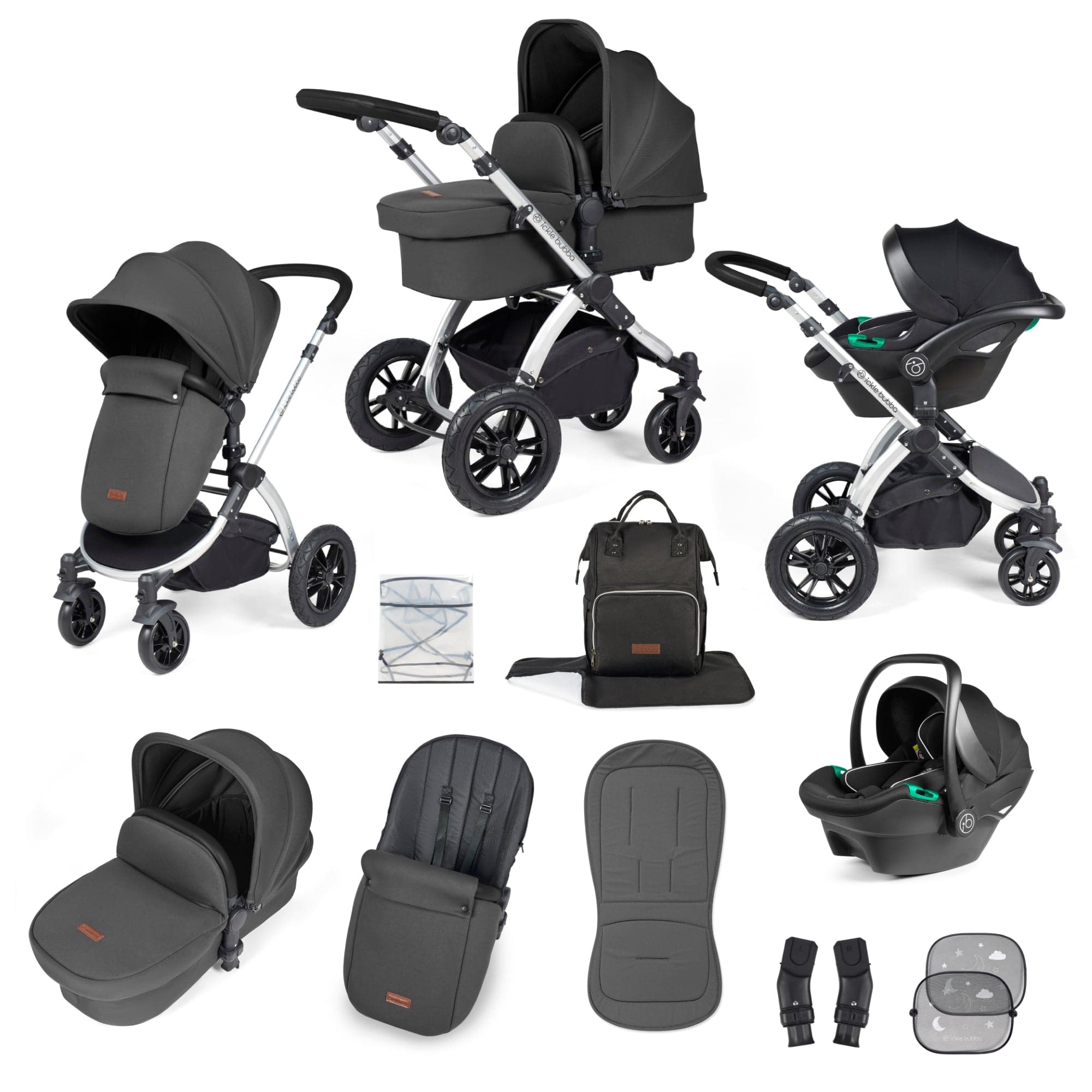 Ickle Bubba Stomp Luxe All-In-One I-Size Travel System With Isofix Base - Silver / Charcoal Grey / Black   