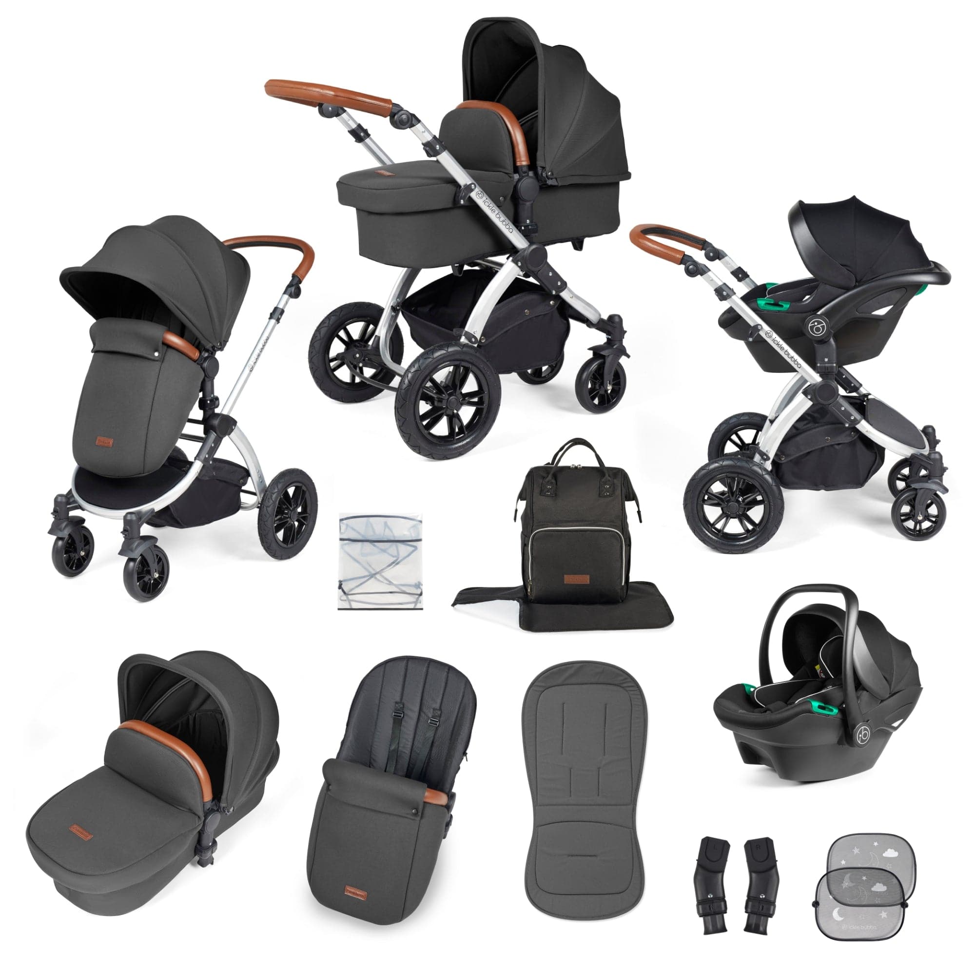 Ickle Bubba Stomp Luxe All-in-One I-Size Travel System With Isofix Base - Silver / Charcoal Grey / Tan   