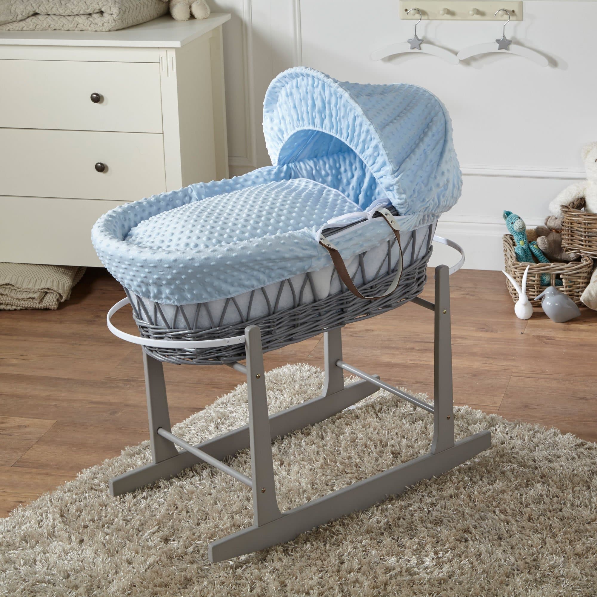 Wicker Baby Moses Basket With Stand - Grey / Dimple / Blue | For Your Little One