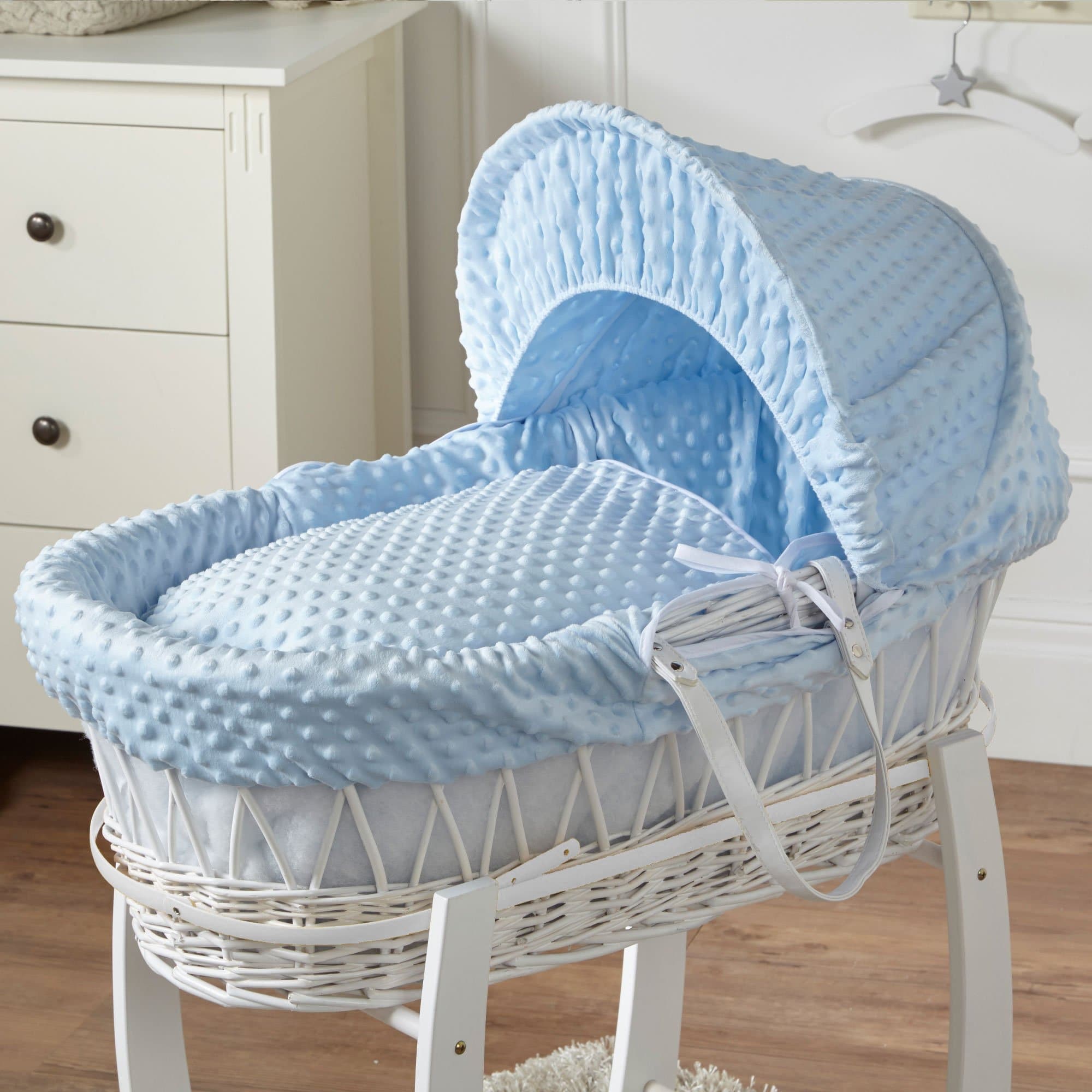 Wicker Moses Basket White Dimple Blue