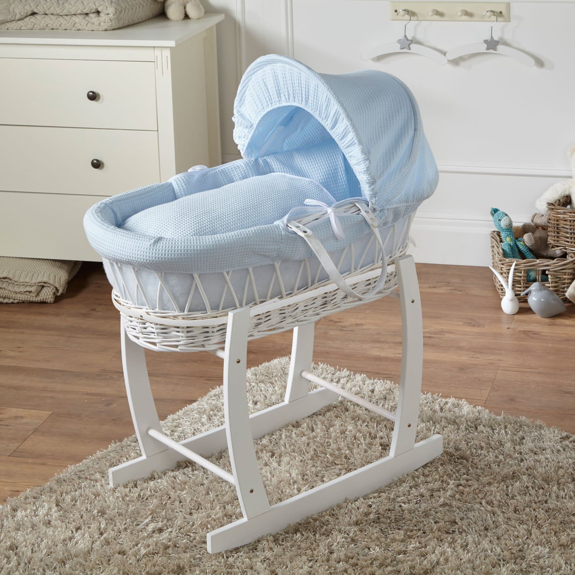 Wicker Baby Moses Basket With Stand White Waffle Blue