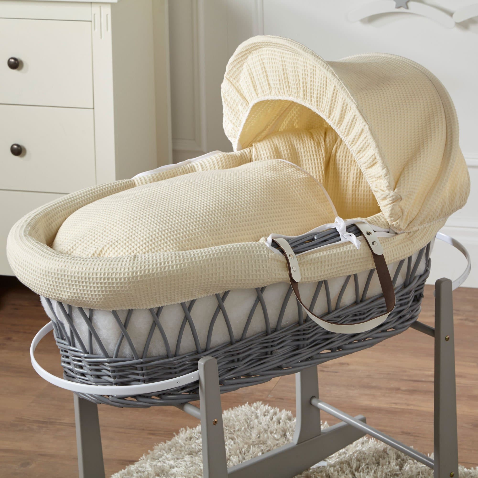 Wicker Moses Basket - Grey / Waffle / Cream | For Your Little One