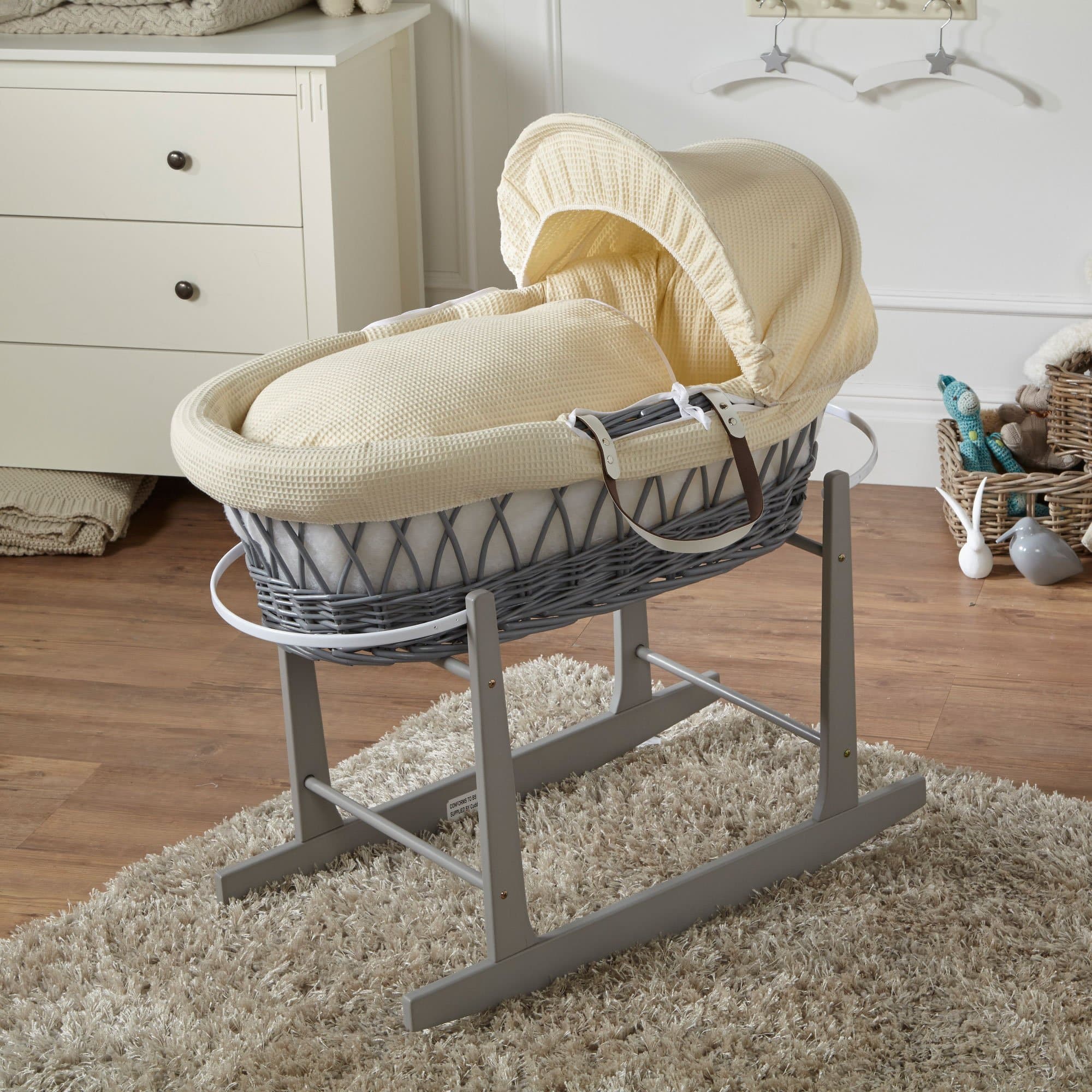 Wicker Baby Moses Basket With Stand - Grey / Waffle / Cream | For Your Little One