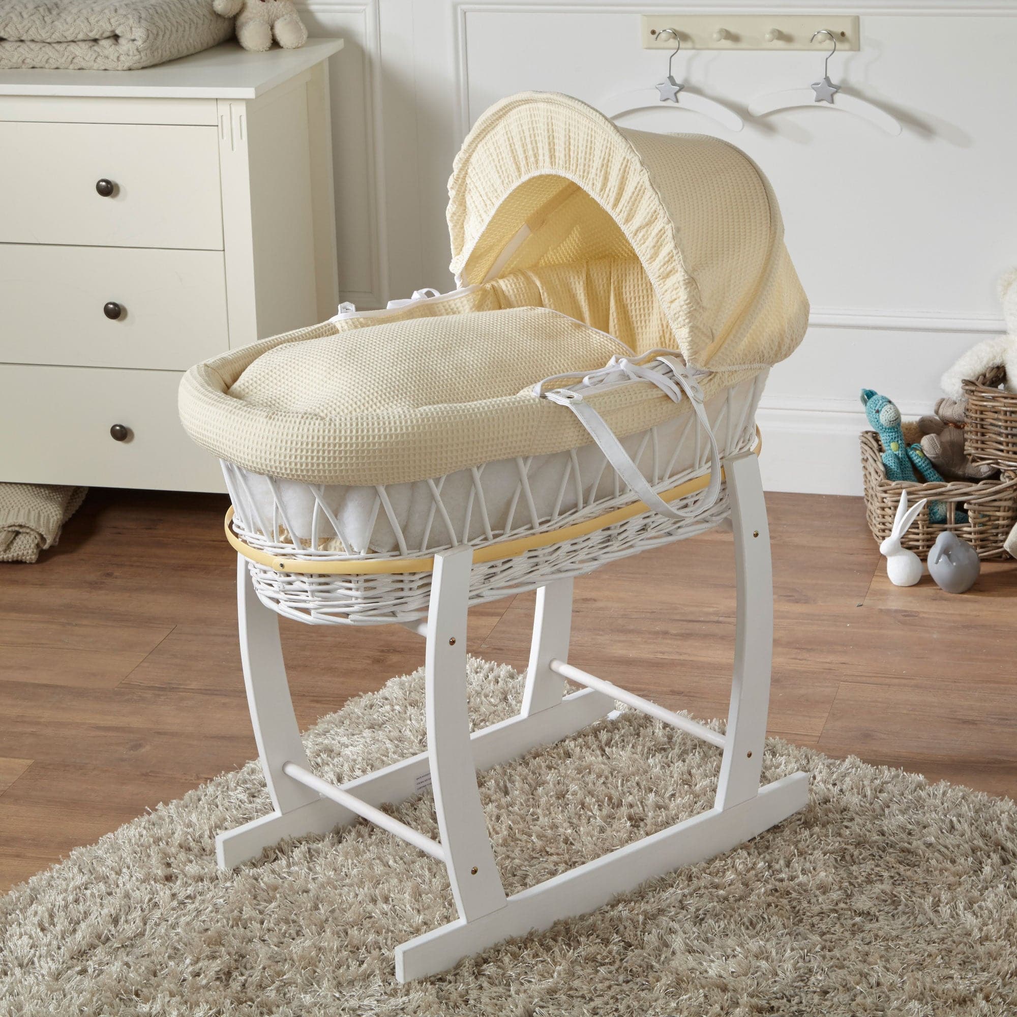 Wicker Baby Moses Basket With Stand - White / Waffle / Cream | For Your Little One