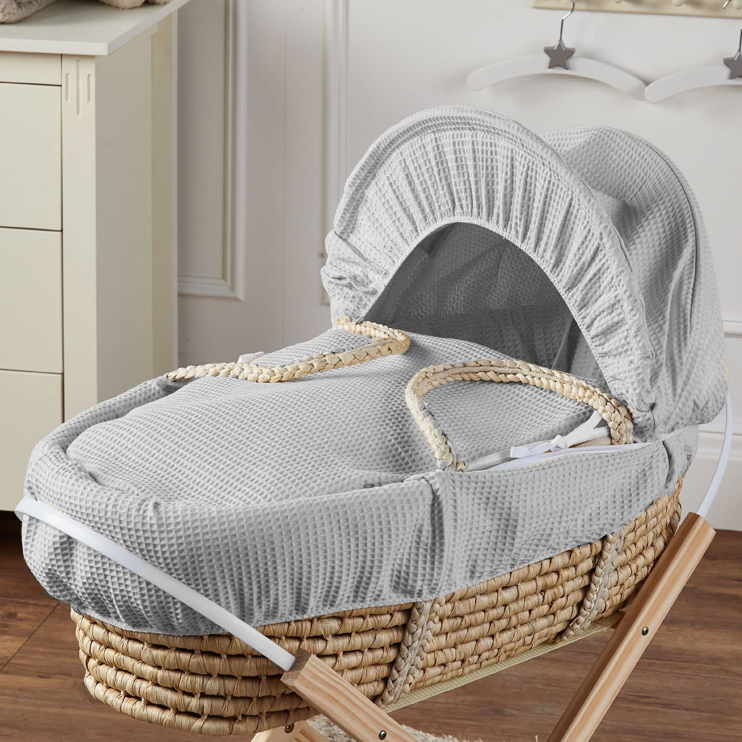 Palm Baby Deluxe Moses Basket With Stand - Waffle / Grey | For Your Little One