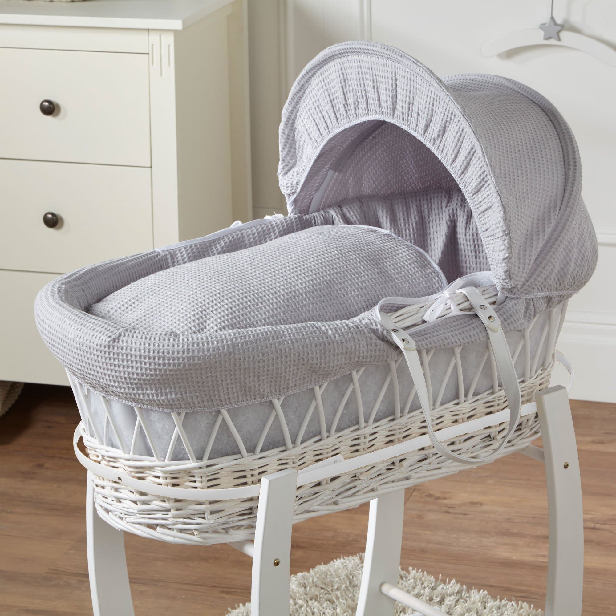 Wicker Moses Basket - White / Waffle / Grey | For Your Little One