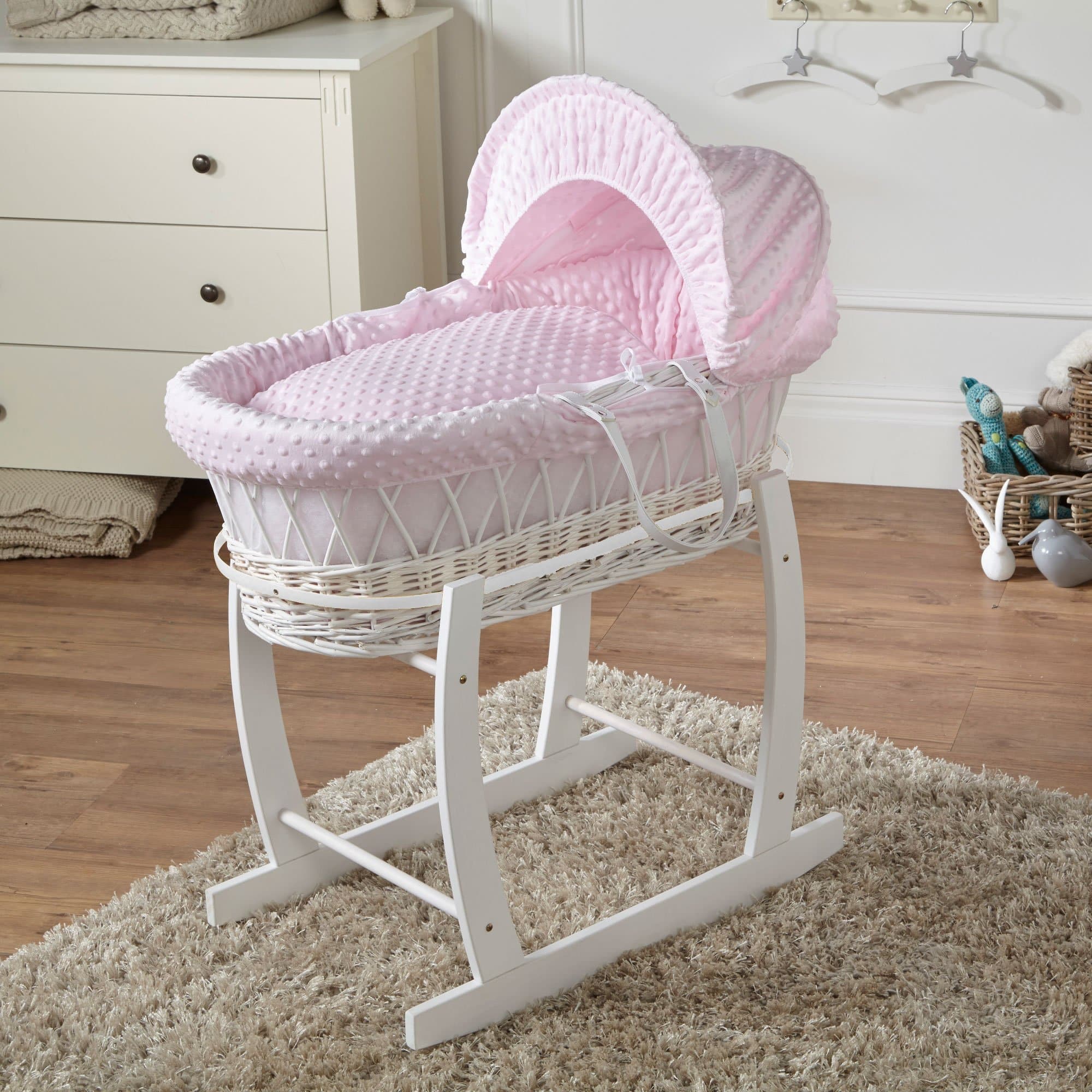 Wicker Baby Moses Basket With Stand - White / Dimple / Pink | For Your Little One