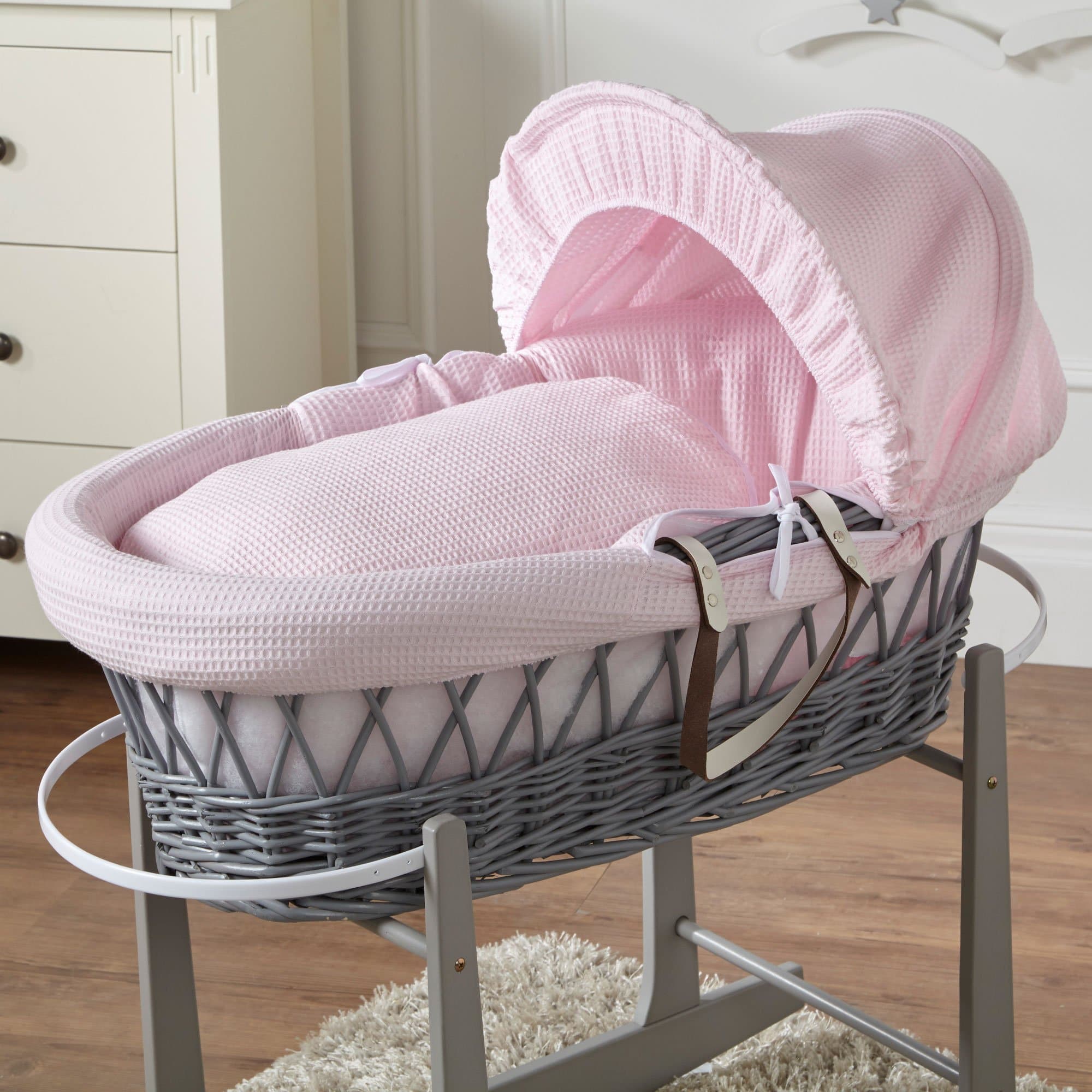 Wicker Moses Basket - Grey / Waffle / Pink | For Your Little One