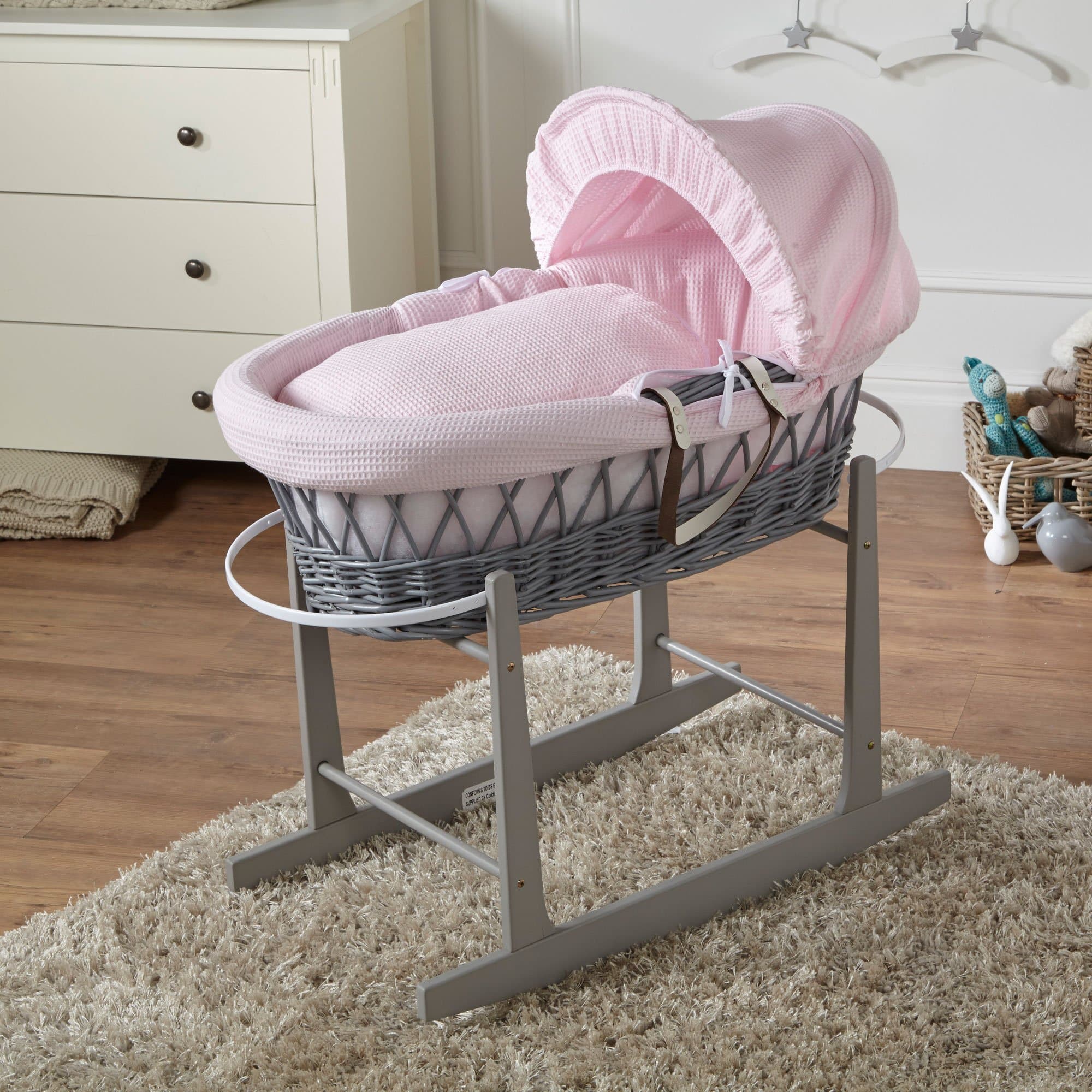 Wicker Baby Moses Basket With Stand - Grey / Waffle / Pink | For Your Little One