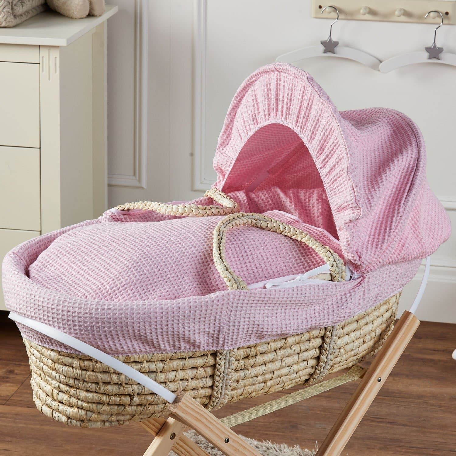 Palm Baby Deluxe Moses Basket With Stand - Waffle / Pink | For Your Little One