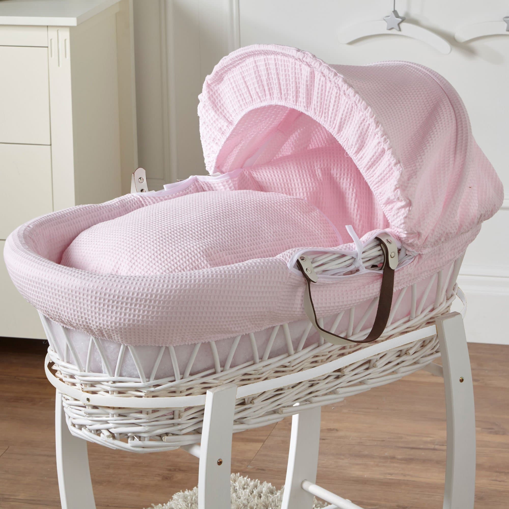 Wicker Moses Basket - White / Waffle / Pink | For Your Little One