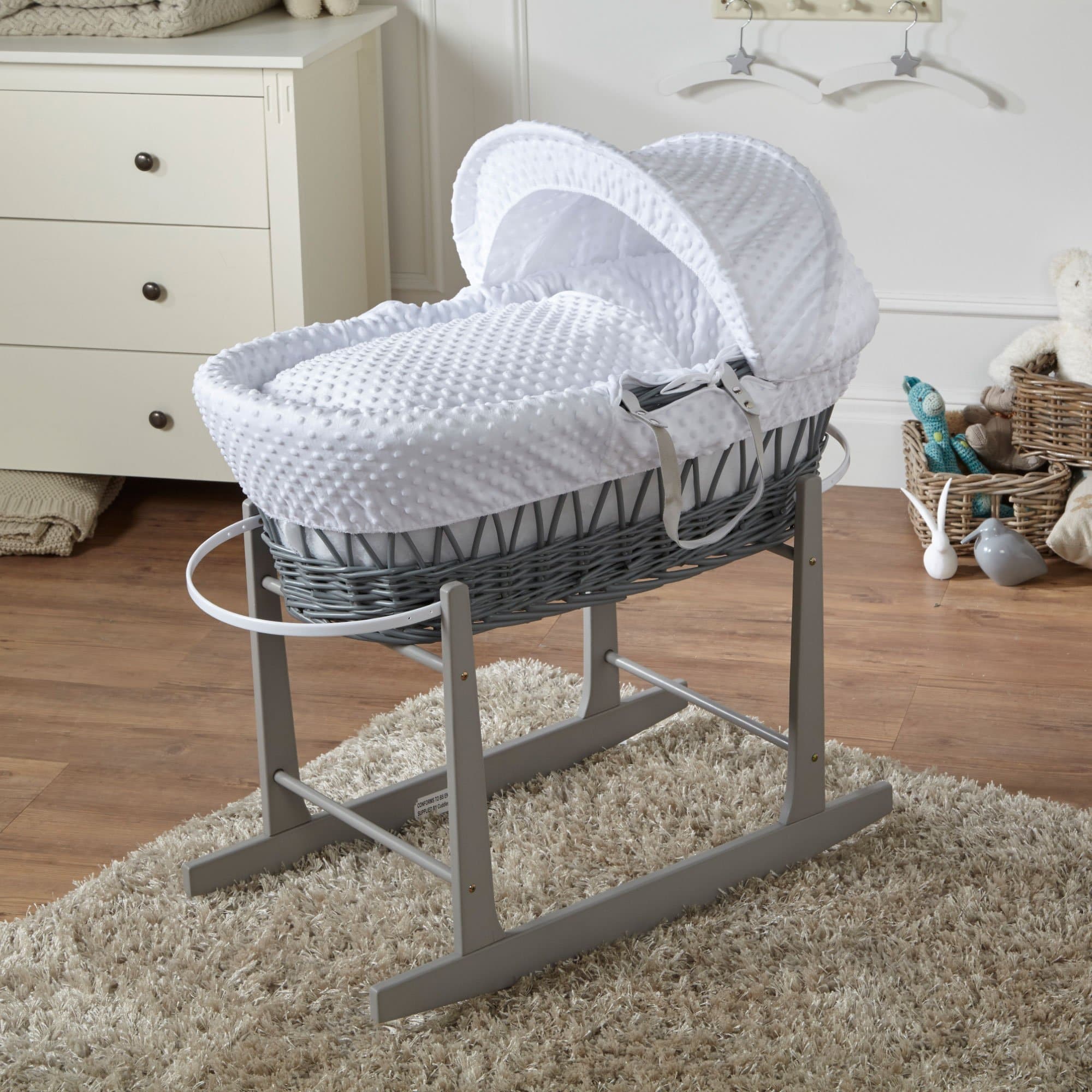 Wicker Baby Moses Basket With Stand - Grey / Dimple / White | For Your Little One