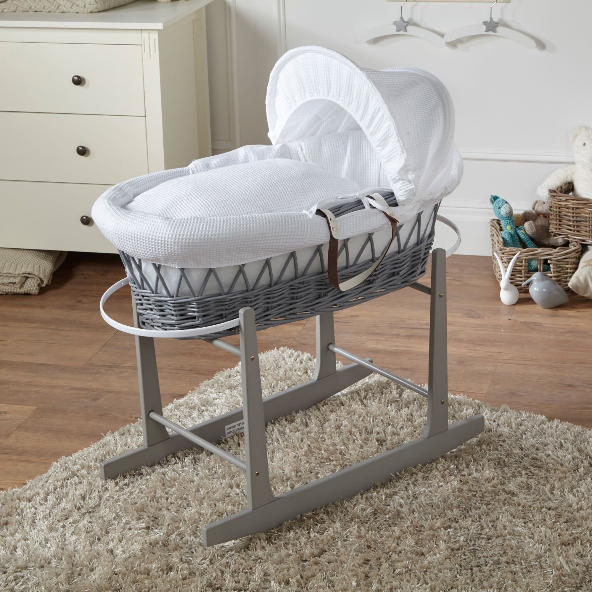 Wicker Baby Moses Basket With Stand - Grey / Waffle / White | For Your Little One
