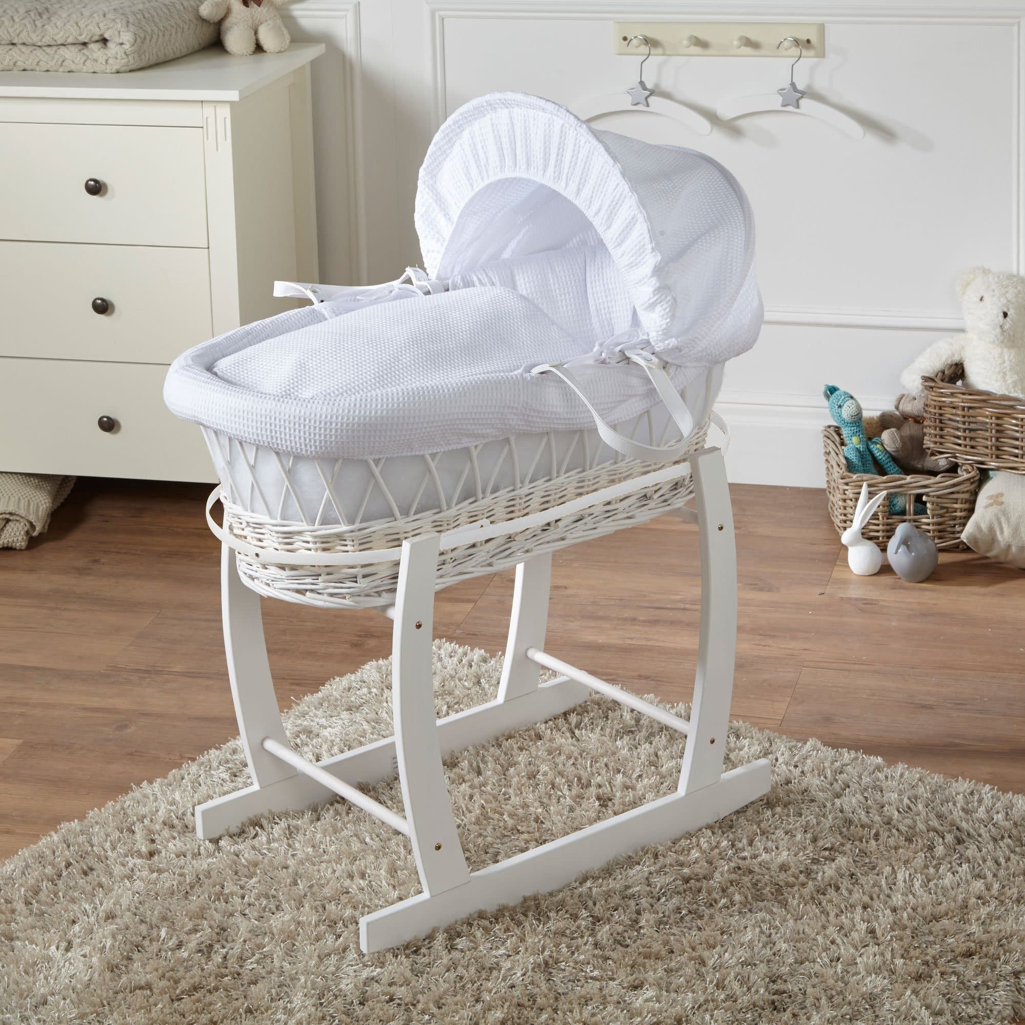 Wicker Baby Moses Basket With Stand - White / Waffle / White | For Your Little One