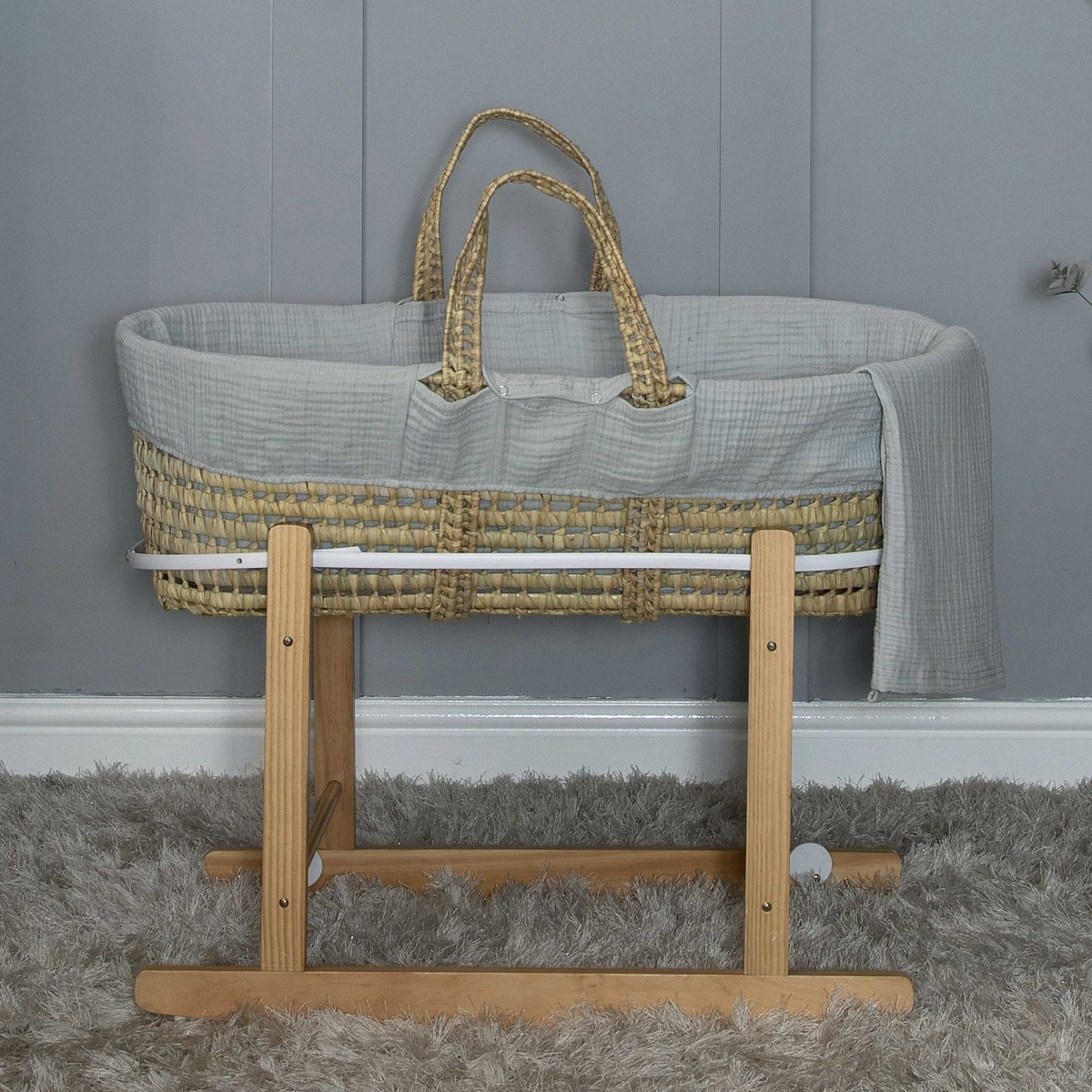 Amelia Jean Designs Palm Moses Basket With Folding Stand - Dove Grey - For Your Little One