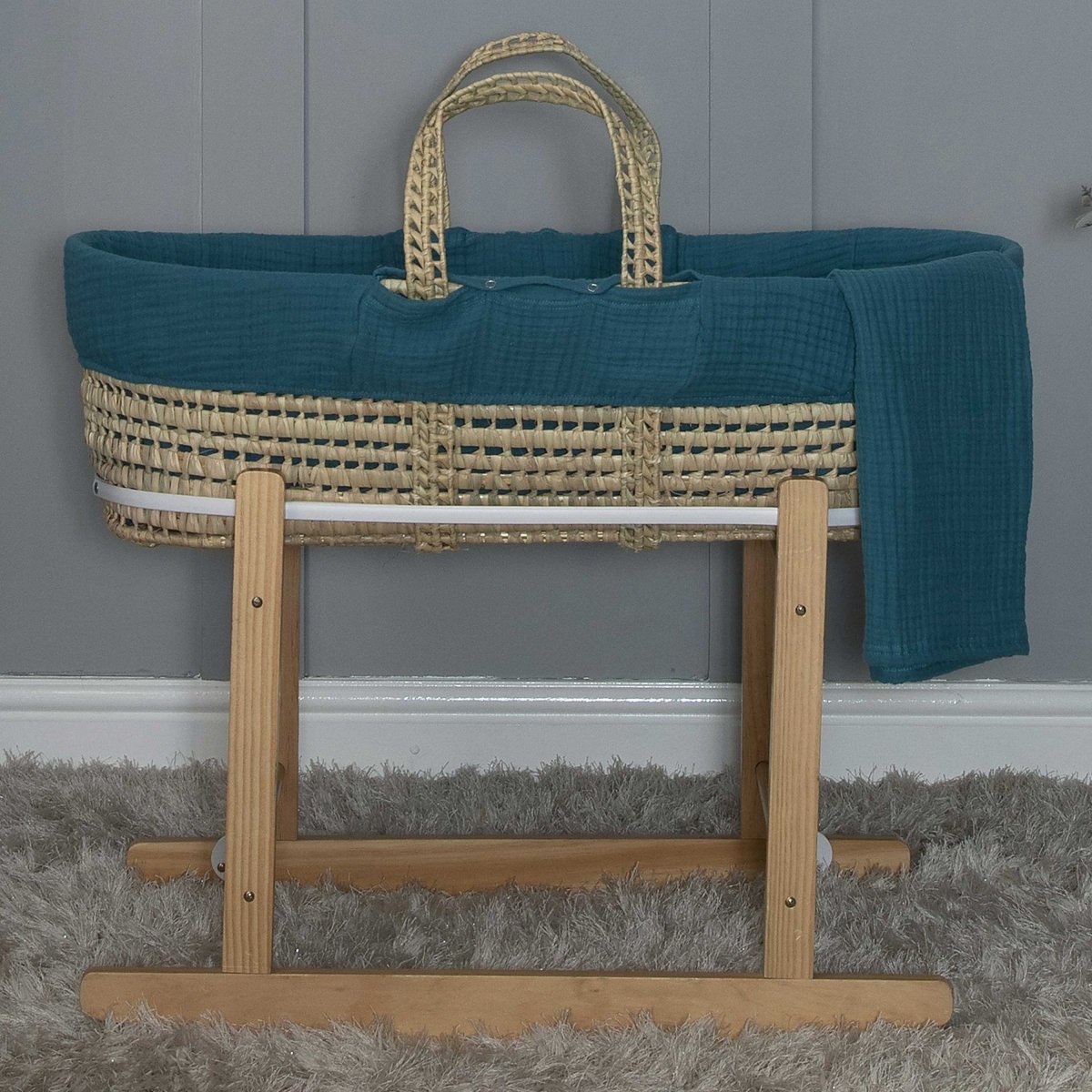 Amelia Jean Designs Palm Moses Basket With Folding Stand - Teal - For Your Little One