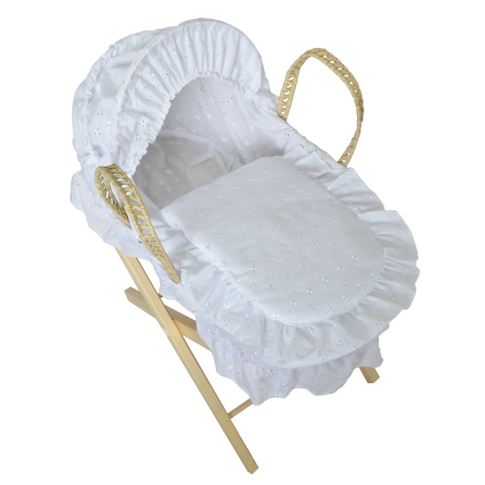 Beautiful Broderie Anglaise Dolls Moses Basket With Stand - White - For Your Little One