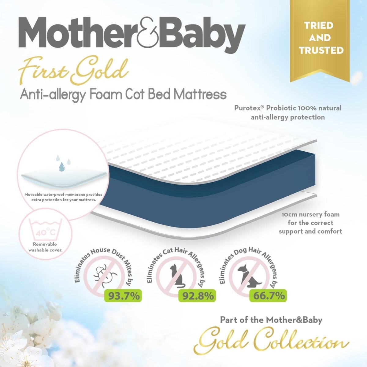 Mother & Baby First Gold Anti - Allergy Foam Cot Bed Mattress 140 x 70cm - For Your Little One