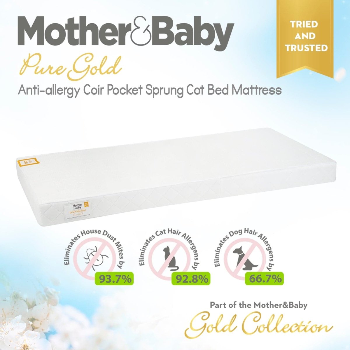 Mother & Baby Pure Gold Anti - Allergy Coir Pocket Sprung Cot bed Mattress 140 x 70cm - For Your Little One