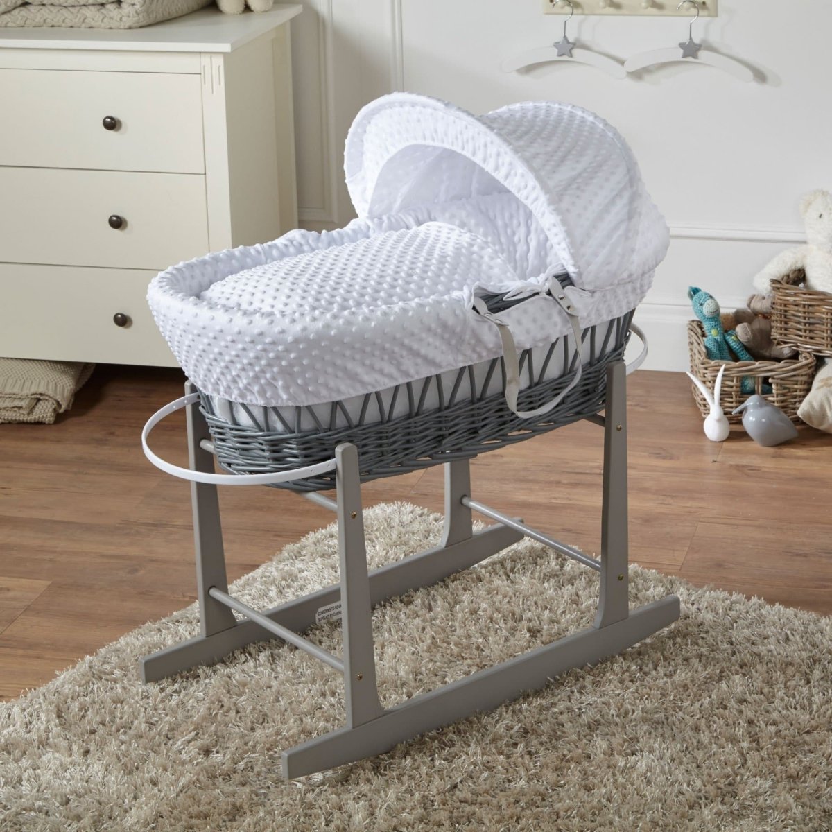 White Dimple Grey Wicker Baby Moses Basket With Stand - For Your Little One