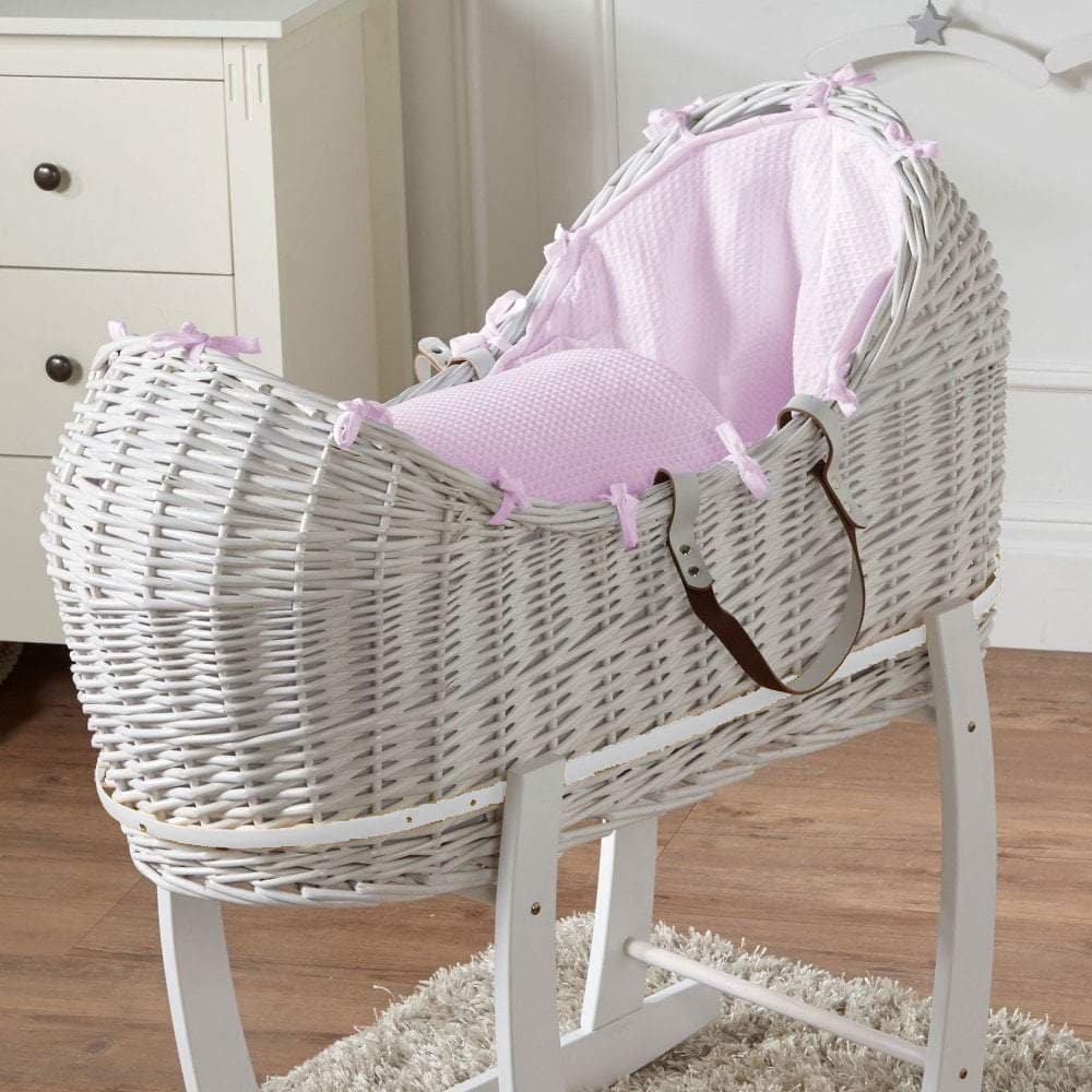 Wicker Pod Baby Deluxe Moses Basket - White / Waffle / Pink | For Your Little One