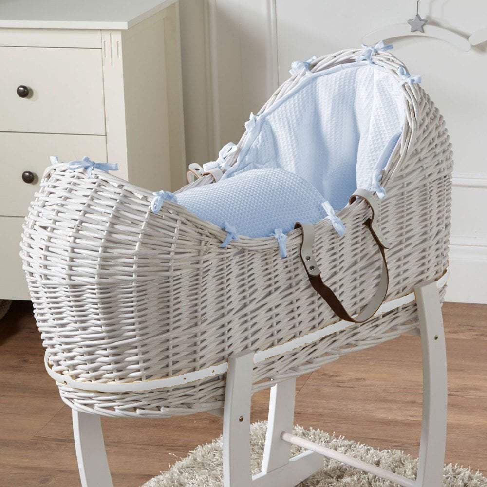 Wicker Pod Baby Deluxe Moses Basket - White / Waffle / Blue | For Your Little One