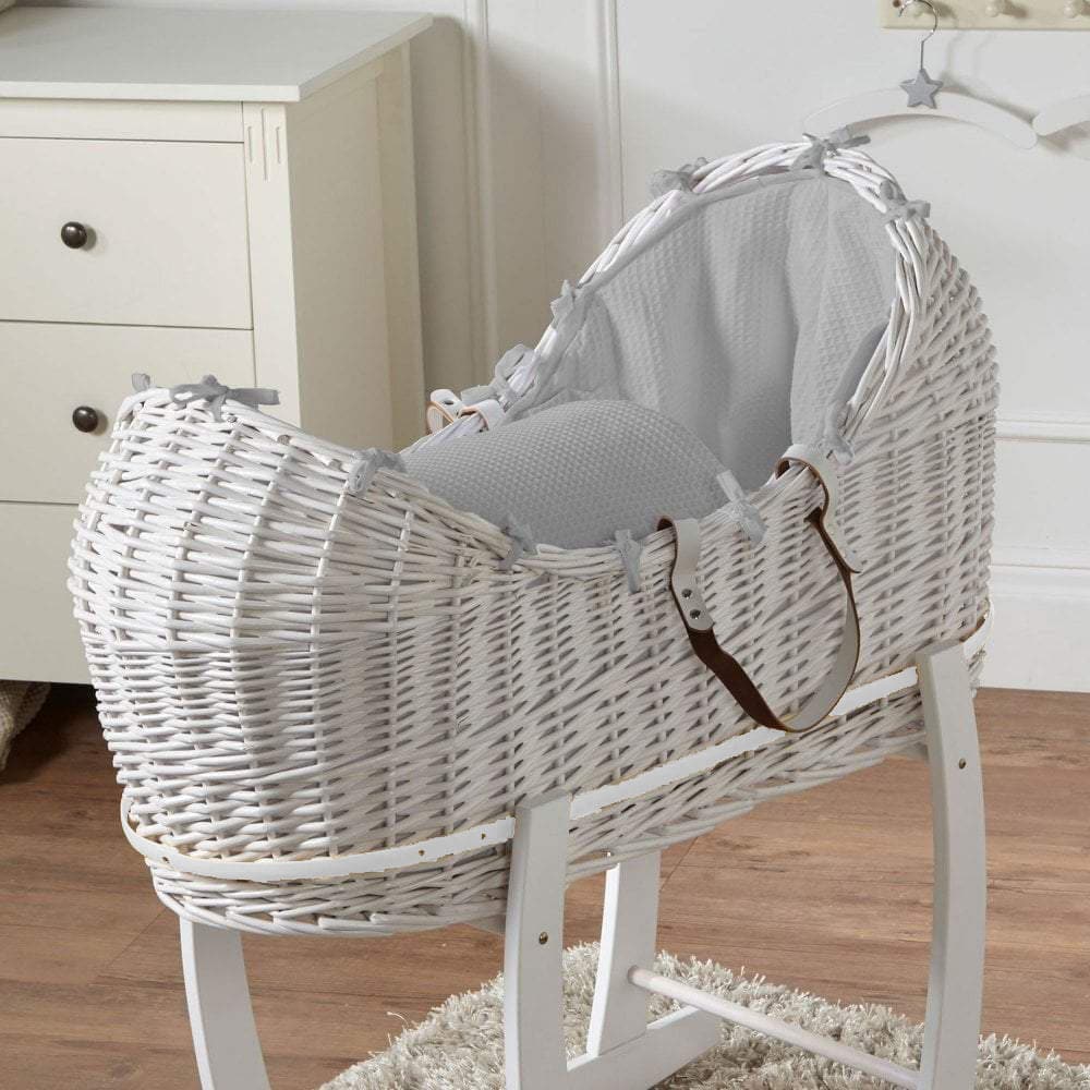 Wicker Pod Baby Deluxe Moses Basket - White / Waffle / Grey | For Your Little One
