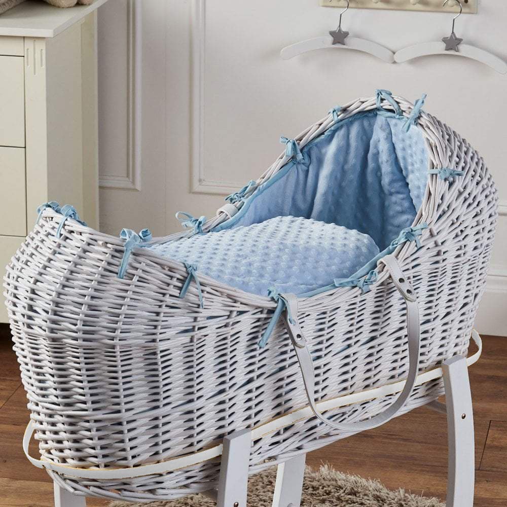 Wicker Pod Baby Deluxe Moses Basket - White / Dimple / Blue | For Your Little One
