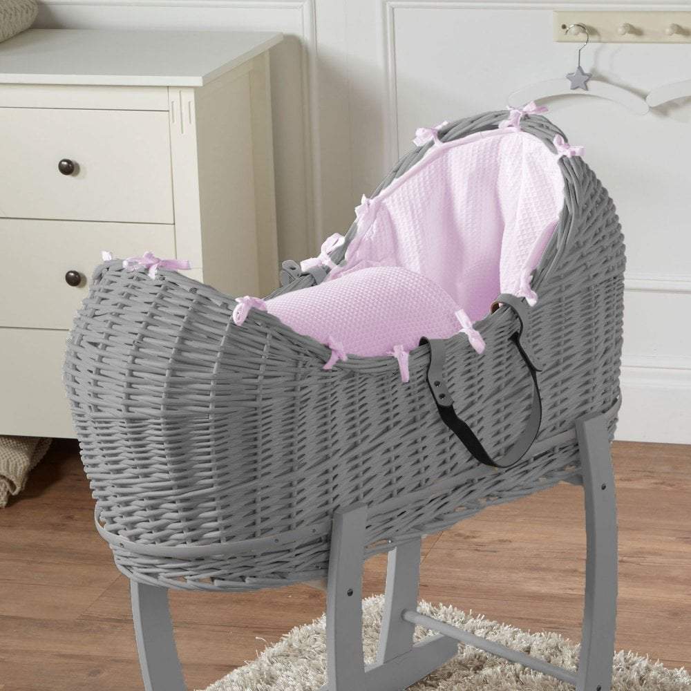 Wicker Pod Baby Deluxe Moses Basket - Grey / Waffle / Pink | For Your Little One