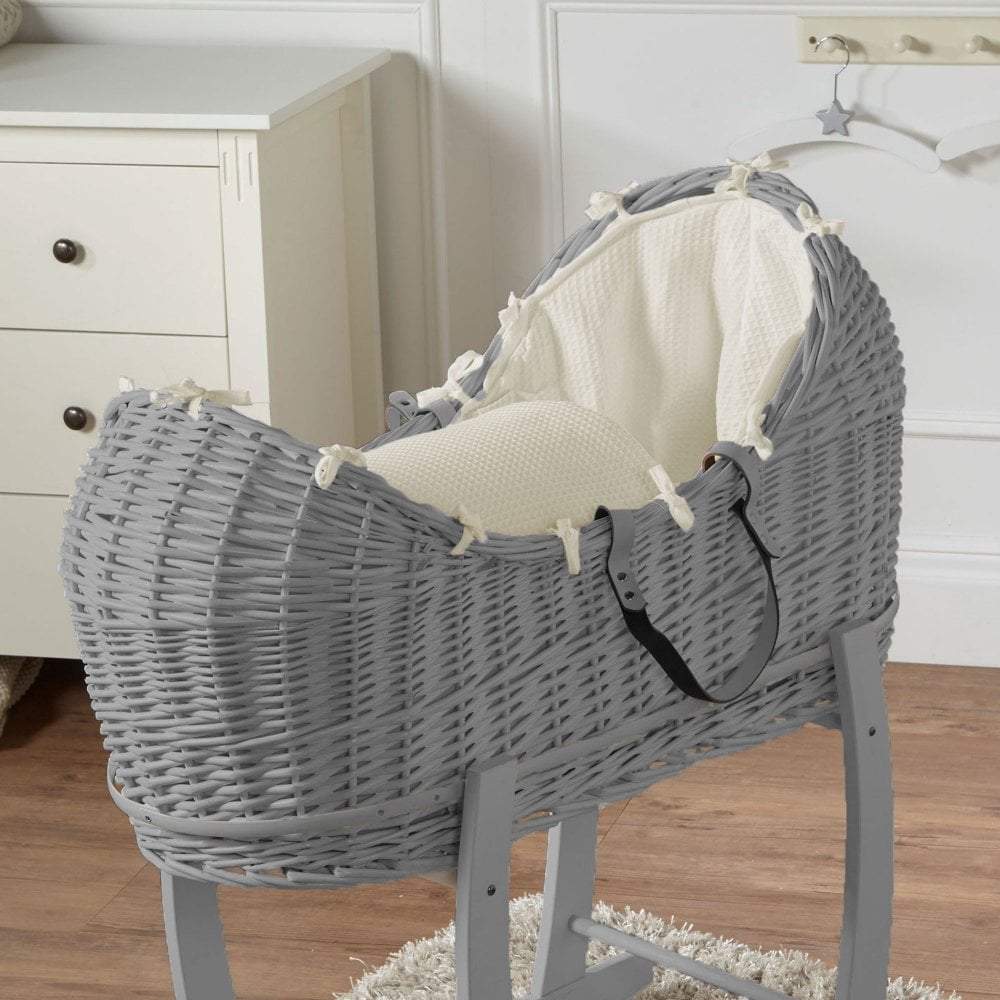 Wicker Pod Baby Deluxe Moses Basket - Grey / Waffle / Cream | For Your Little One