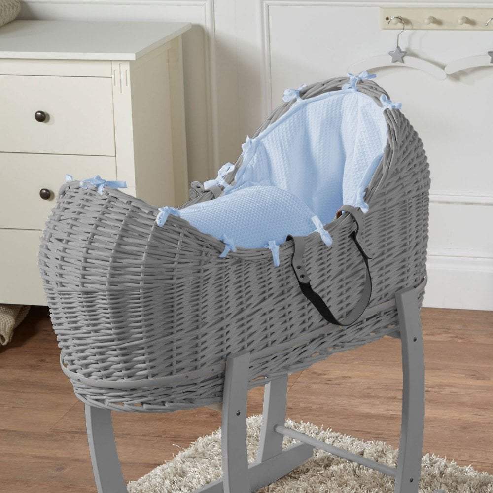 Wicker Pod Baby Deluxe Moses Basket - Grey / Waffle / Blue | For Your Little One