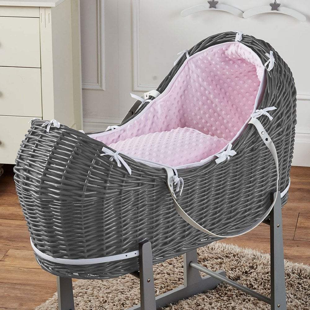 Wicker Pod Baby Deluxe Moses Basket - Grey / Dimple / Pink | For Your Little One