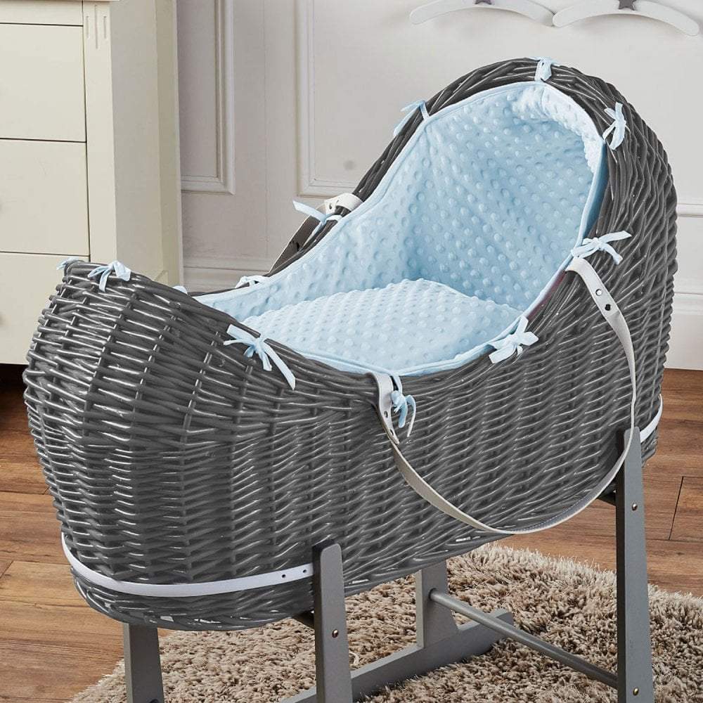 Wicker Pod Baby Deluxe Moses Basket - Grey / Dimple / Blue | For Your Little One